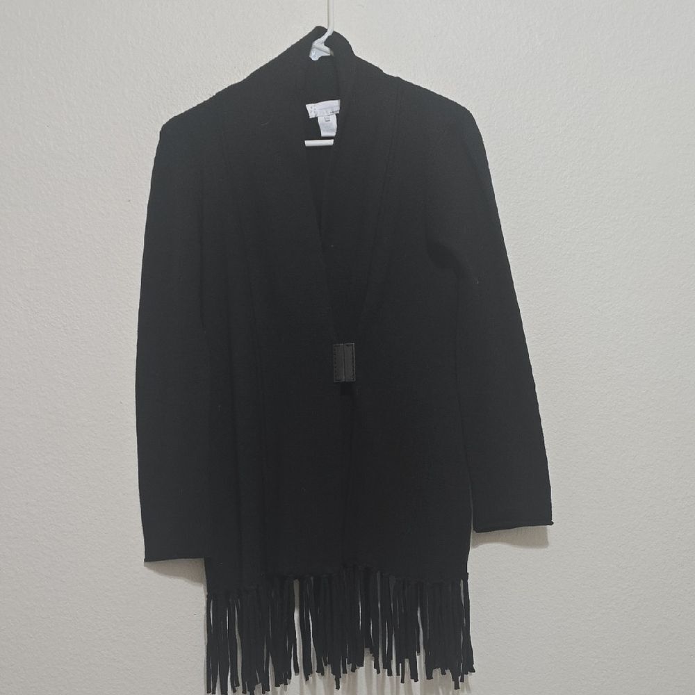 bibelot 100^ Marino Wool‎ With Black Fringe Cardigan M